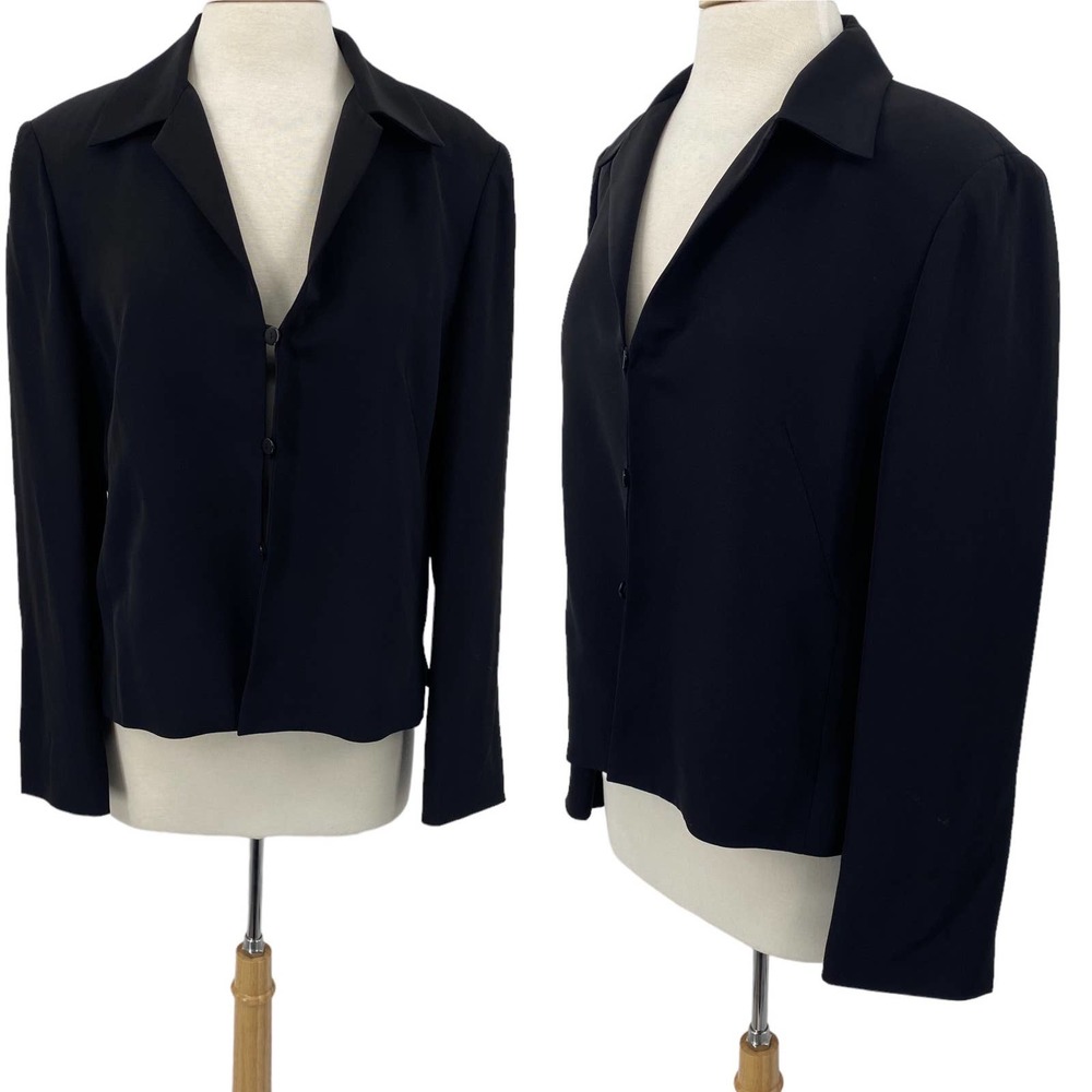 Vintage 90s Carlisle Silk Blazer Button Up Front Split Hem Cuffs Black W…